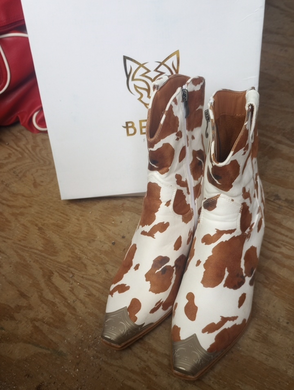 Cow Print Leather Ankle Boots - White, Brown And Black Size 10